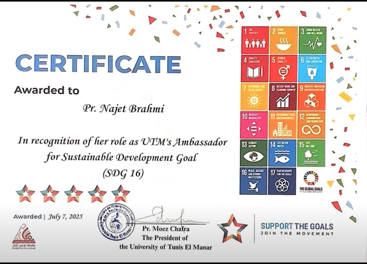 Ceremony honoring Me Najet Brahmi in her capacity as UTM Ambassador for the 16th Sustainable Development Goal: Peace, Justice and Strong Institutions.